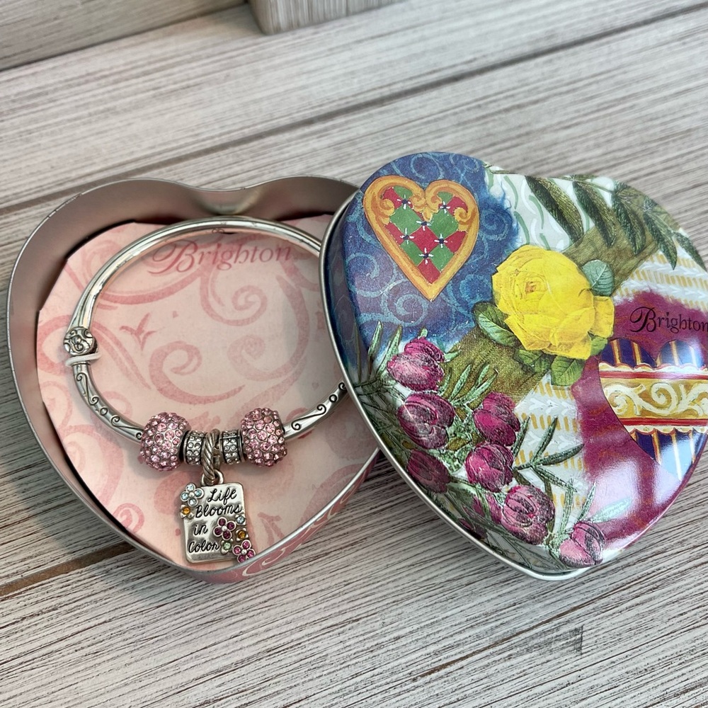Brighton Hinged Bangle Bracelet Pink Diva Bead Charm Life Blooms in Color In Tin